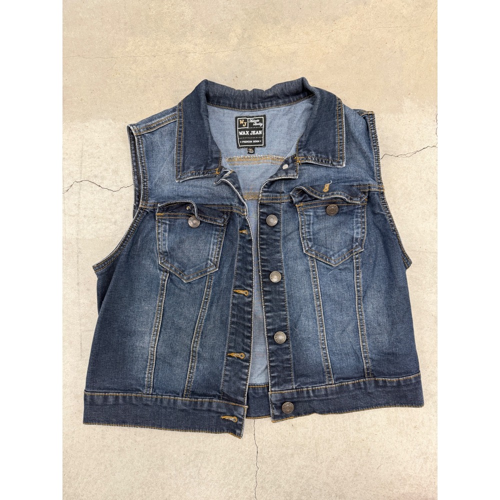 Wax Jean Denim Vest Womens 1XL Dark Blue Sleeveless Trucker Jacket